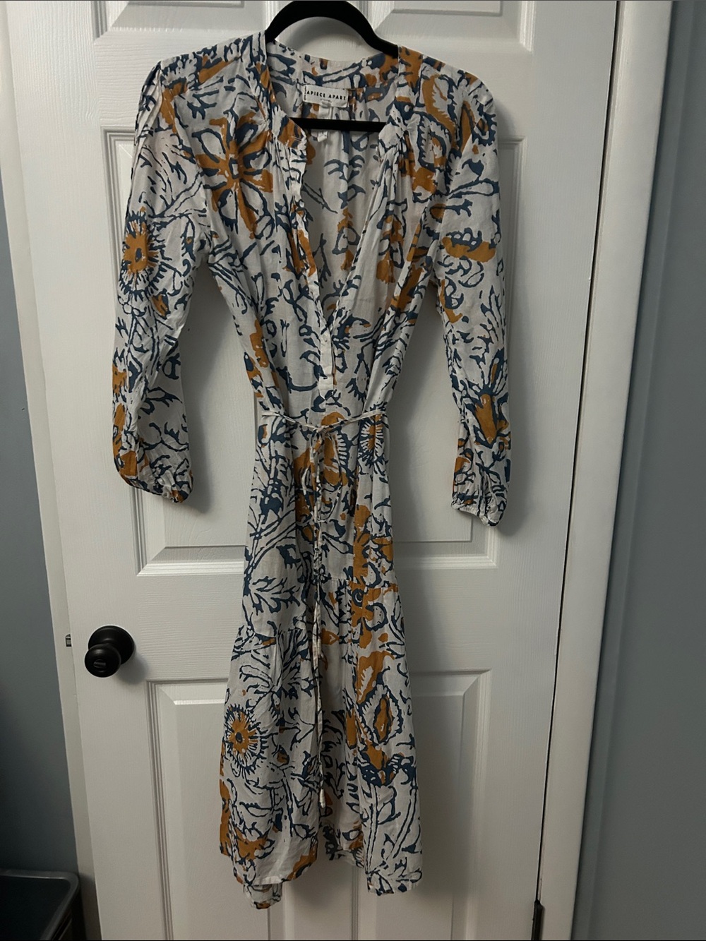 Apiece Apart White Midi Dress with Mustard & Navy Floral Print